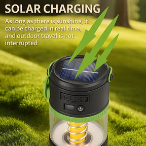 The solar camping lantern features a black and green design with a solar panel on top, highlighted by green arrows indicating solar charging. A USB port and power button are visible on the side, while the inner structure shows a coiled spring surrounded by a transparent casing.