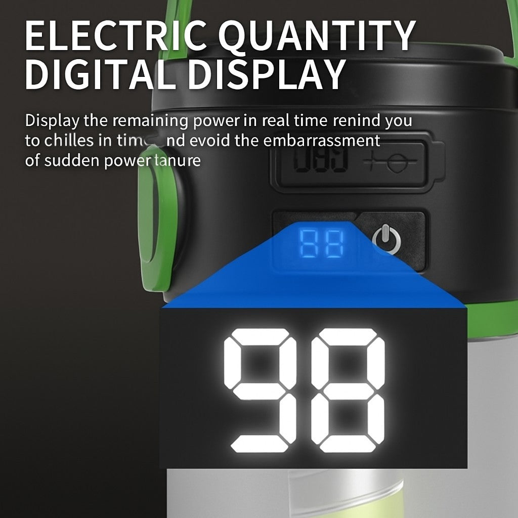 The image shows the solar camping lantern's digital display screen, indicating the remaining battery power at "98," along with control buttons and green accents.