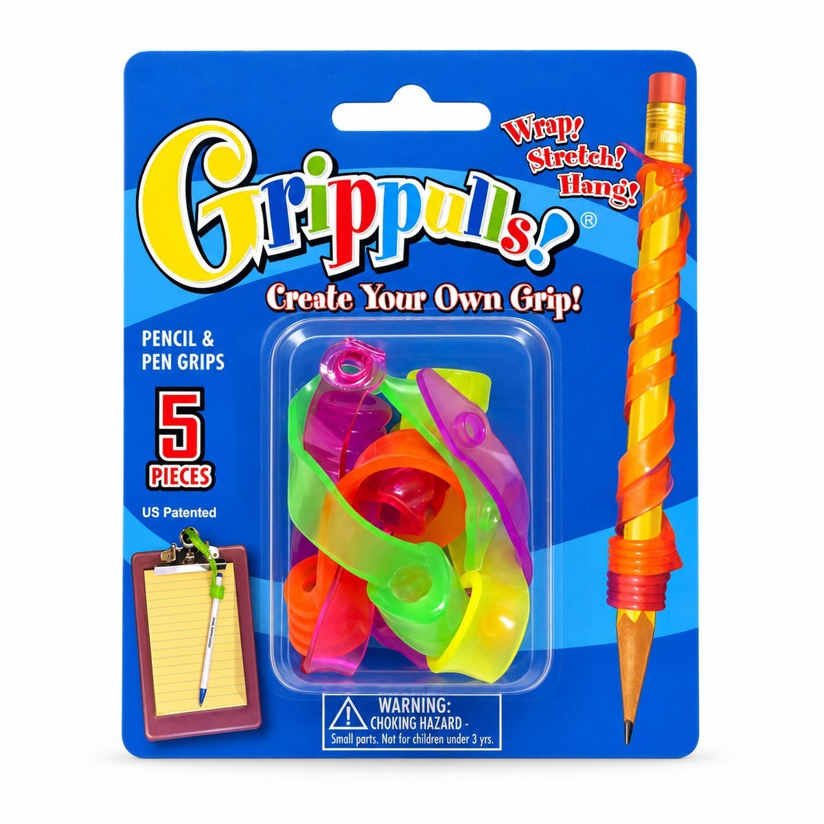 Brightly colored pencil and pen grips in assorted shapes, displayed in a clear package with a blue background. The package features a twistable grip on a pencil and a warning label regarding small parts.