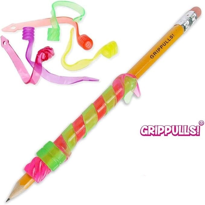 Colorful, flexible pencil and pen grips in various shapes are displayed alongside a pencil embellished with a twisted grip in vibrant pink, green, and yellow. The grips are designed for customization and improved writing comfort.