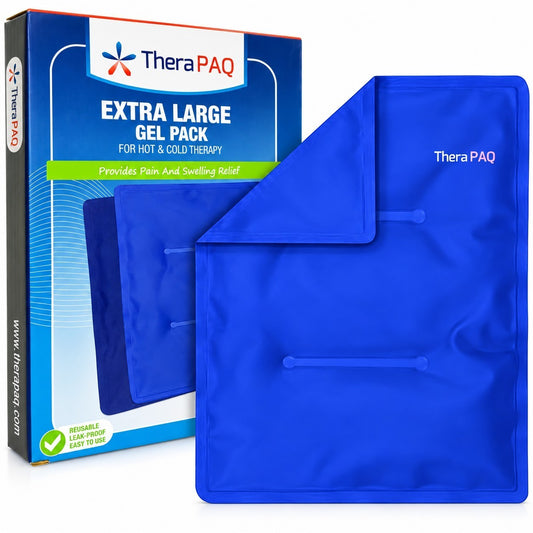 Extra large blue gel pack designed for hot and cold therapy, featuring a smooth surface and two visible channels for even gel distribution, positioned next to the product packaging.