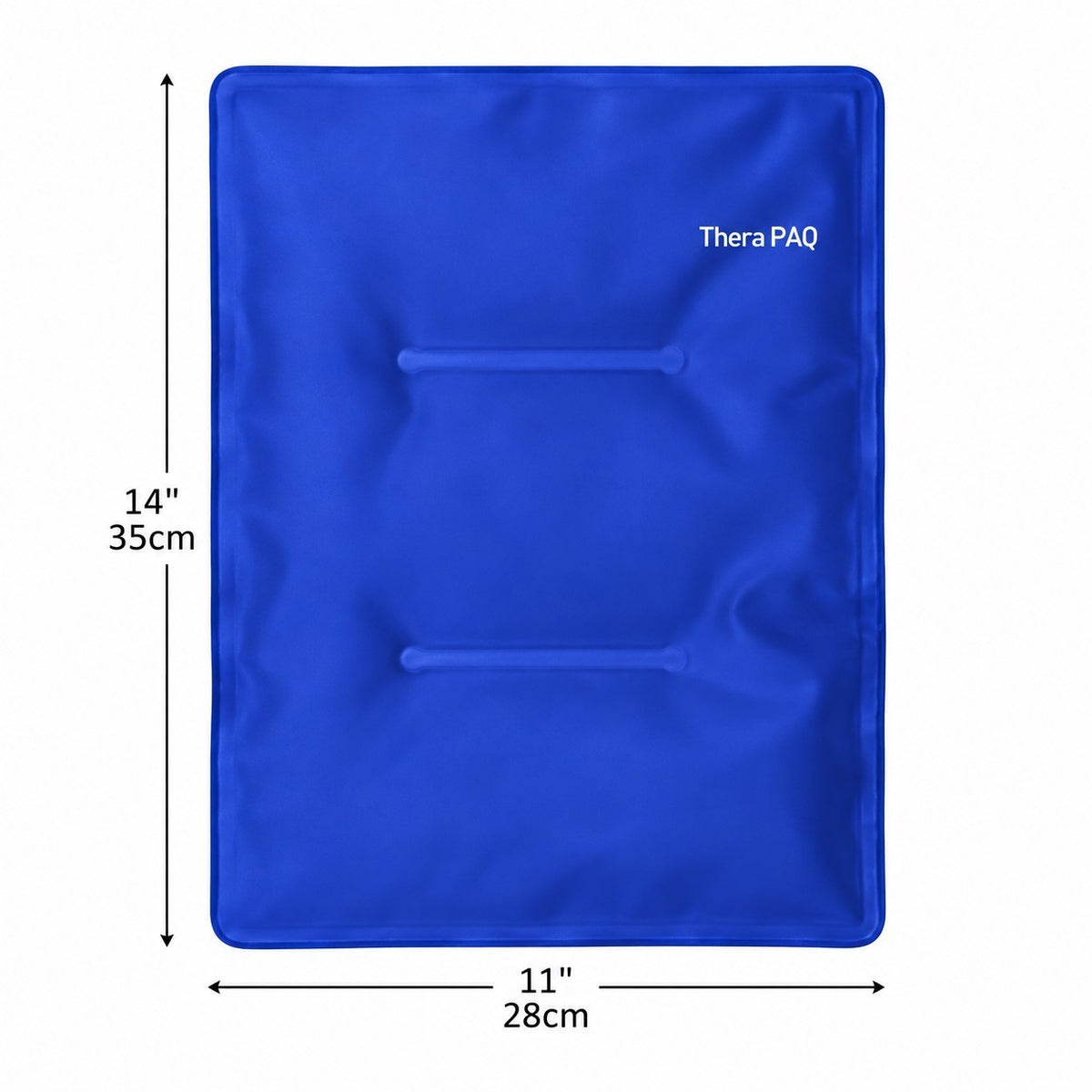 Blue gel pack designed for hot and cold therapy, measuring 14 inches by 11 inches, featuring a smooth surface and two channels for even heat distribution.