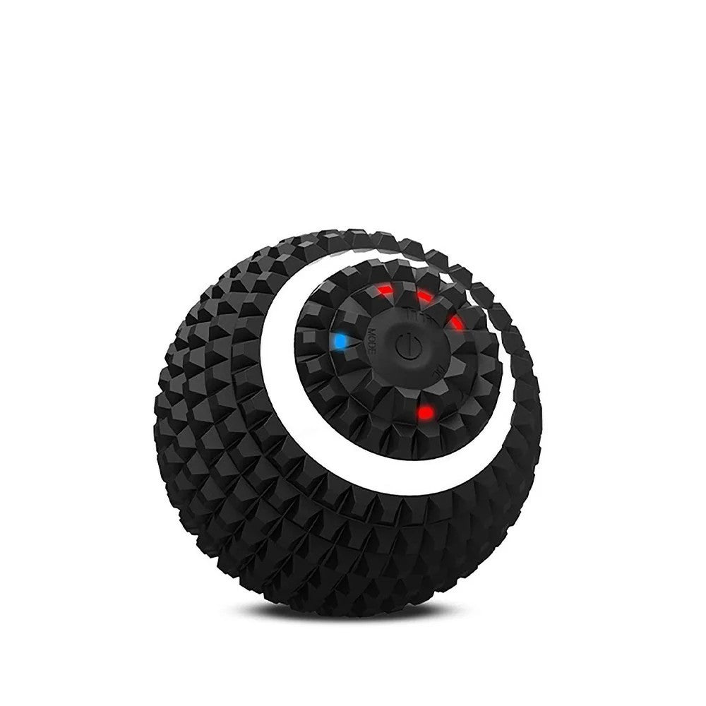 The black rechargeable vibrating massage ball features a textured silicone surface and a central control panel with three intensity level indicators in red and blue. Its round shape and ergonomic design make it suitable for various massage techniques.
