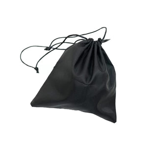 A black drawstring bag with a textured surface, designed to store the massage ball securely. The bag is slightly open at the top, showing the cinched closure.