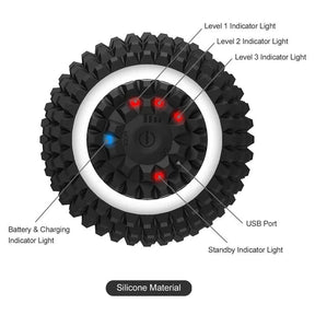 Close-up view of the textured black silicone surface of the rechargeable vibrating massage ball, showcasing the various indicator lights for levels 1, 2, and 3, as well as the battery and charging indicators, and the USB port.