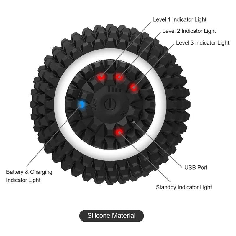 Close-up view of the textured black silicone surface of the rechargeable vibrating massage ball, showcasing the various indicator lights for levels 1, 2, and 3, as well as the battery and charging indicators, and the USB port.