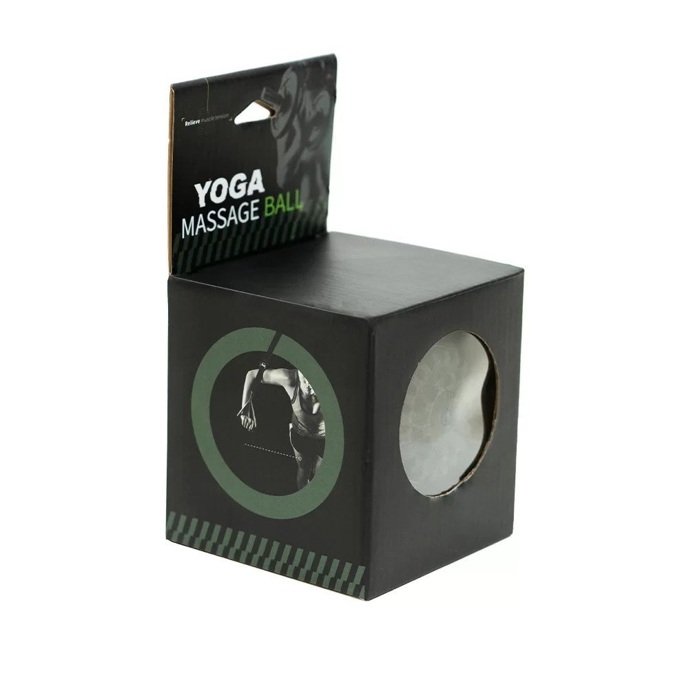 Black cube packaging displaying a circular window, showing the textured silicone massage ball inside, with a graphic of a person using the ball and the text "YOGA MASSAGE BALL" on top.