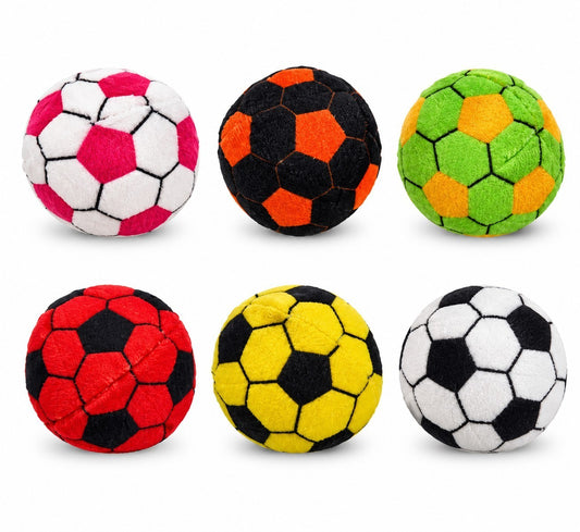 Assorted set of six soft, durable kick sacks featuring vibrant colors and patterns resembling a soccer ball, including pink, orange, green, red, yellow, and classic black and white designs. Each ball has a textured surface and retains the traditional hexagonal paneling typical of soccer balls.