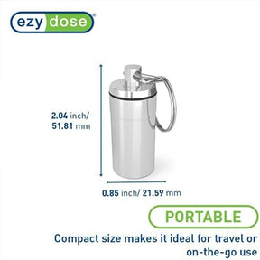The metal capsule keychain pill box features a sleek, silver design and a secure top, measuring 2.04 inches in height and 0.85 inches in diameter, ideal for on-the-go use. It includes a keyring for easy attachment and portability.