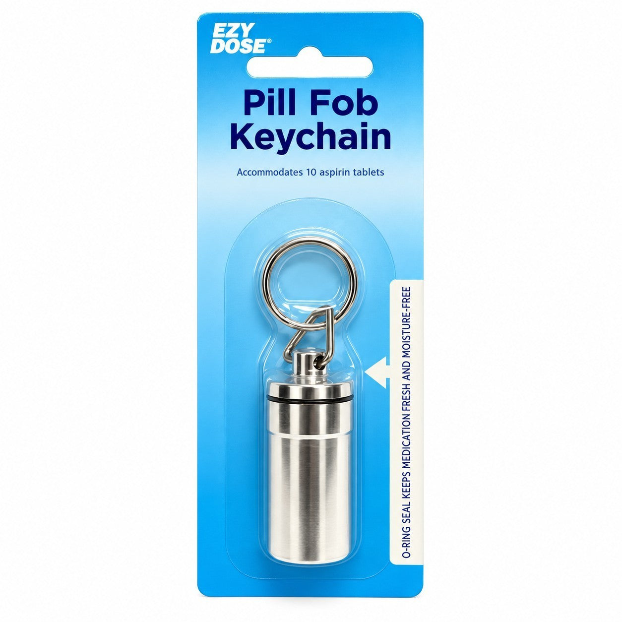 Silver metal keychain pill box with a keyring and an O-ring seal, designed to hold up to 10 aspirin tablets, displayed on a blue card.