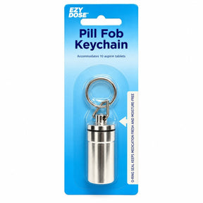 Silver metal keychain pill box with a keyring and an O-ring seal, designed to hold up to 10 aspirin tablets, displayed on a blue card.