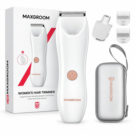 Electric women's bikini trimmer featuring a sleek white body with a rose gold power button, accompanied by two attachment combs and a silver carrying case. The product is presented alongside its packaging, which includes the brand name "MAXGROOM."