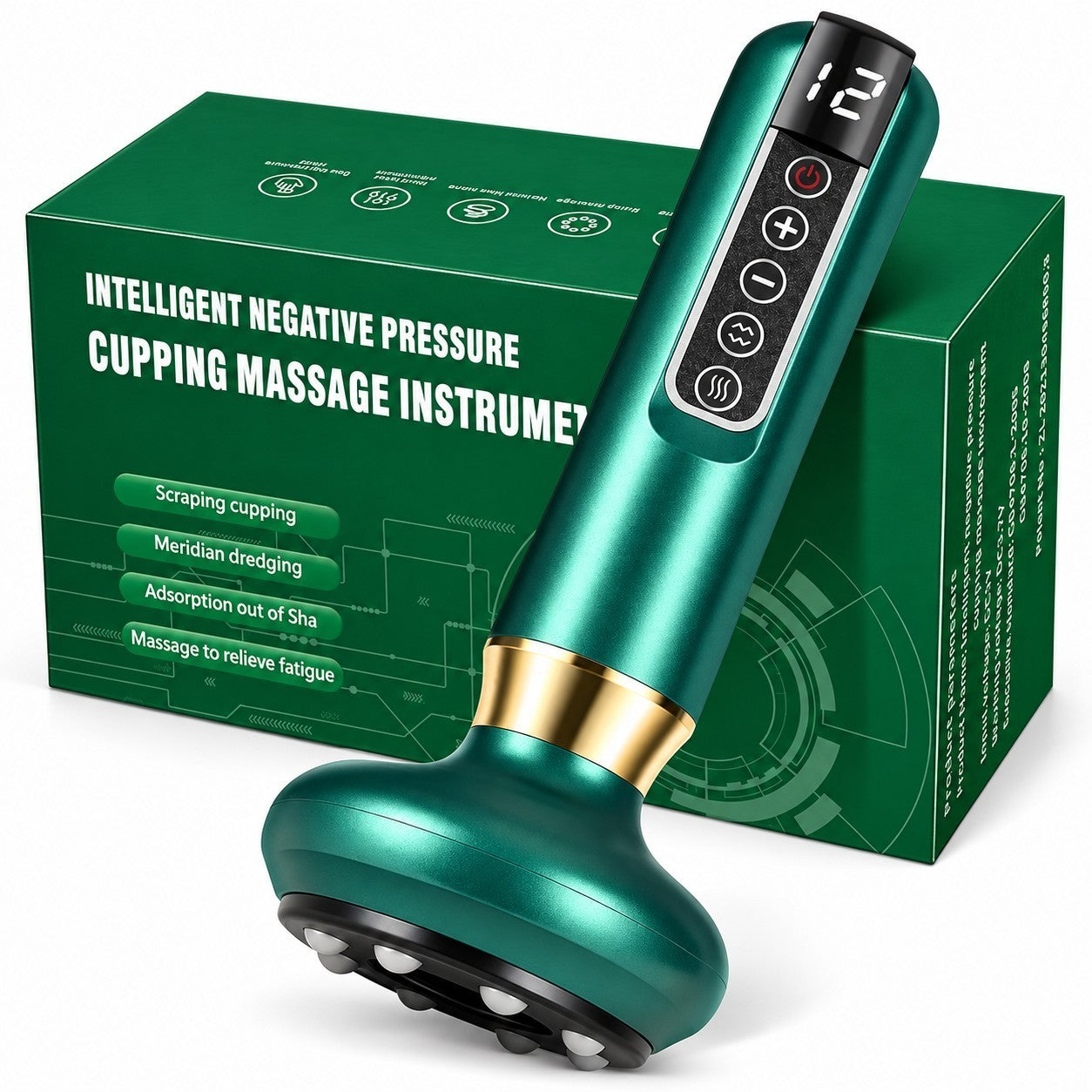The electric cupping machine features a sleek, teal design with a gold accent and a control panel displaying suction modes. Its rounded base has multiple suction points and is positioned next to a green box labeled with various massage features.