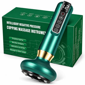 The electric cupping machine features a sleek, teal design with a gold accent and a control panel displaying suction modes. Its rounded base has multiple suction points and is positioned next to a green box labeled with various massage features.