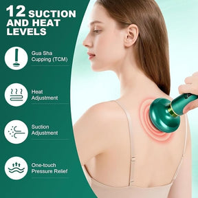 A woman uses a green electric cupping machine on her shoulder, showcasing the device's suction functionality with circular suction marks. The image highlights icons indicating adjustable heat, suction levels, and one-touch pressure relief.