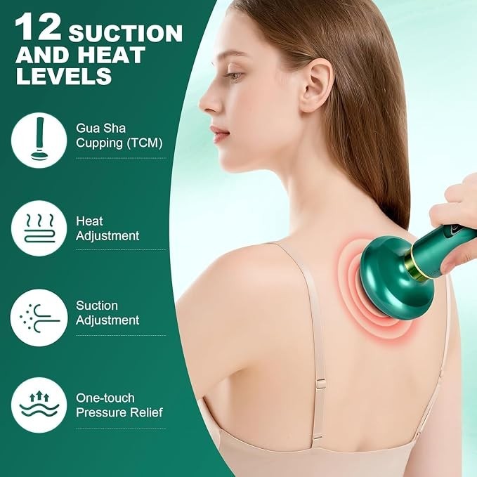 A woman uses a green electric cupping machine on her shoulder, showcasing the device's suction functionality with circular suction marks. The image highlights icons indicating adjustable heat, suction levels, and one-touch pressure relief.