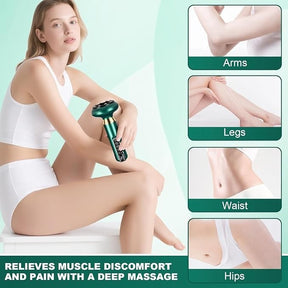 A woman in a white outfit is seated while using the electric cupping machine, highlighting its ergonomic design and control buttons. In the background, images of the product's use on arms, legs, waist, and hips emphasize its versatility for muscle relief.