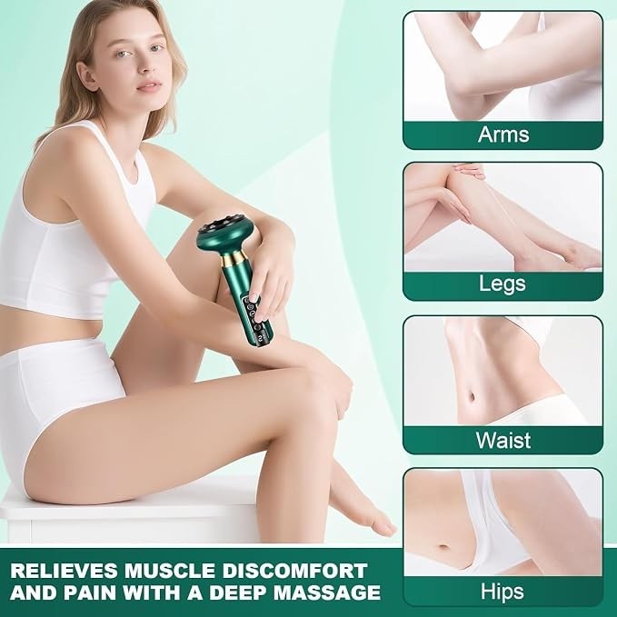 A woman in a white outfit is seated while using the electric cupping machine, highlighting its ergonomic design and control buttons. In the background, images of the product's use on arms, legs, waist, and hips emphasize its versatility for muscle relief.
