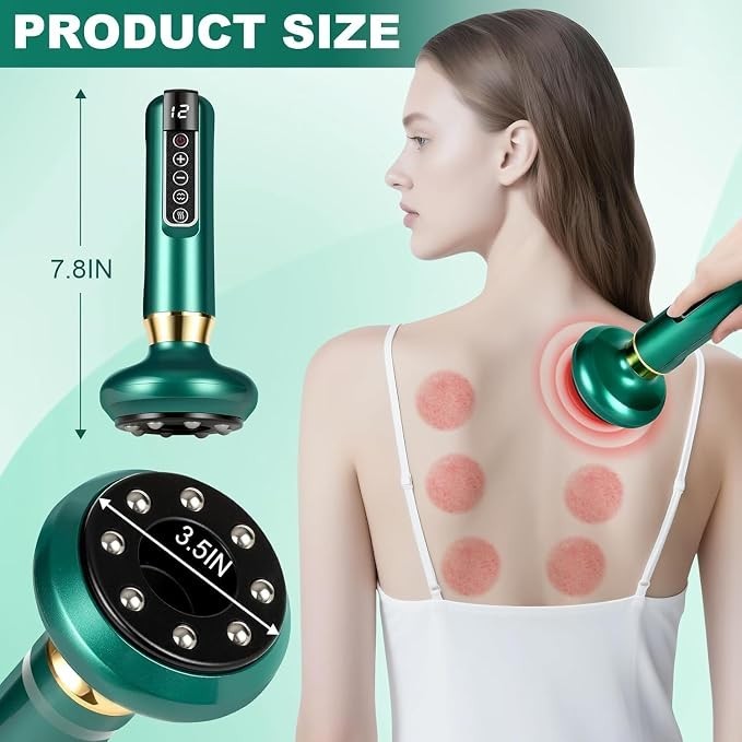 The image shows the electric cupping machine being used on a woman's back, highlighting suction marks on the skin. A side view of the device displays its 7.8-inch height and a 3.5-inch diameter treatment head, which features multiple suction points.