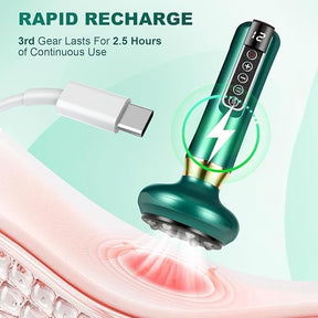 The electric cupping machine in a striking teal color features a gold accent at the base and a silicone suction cup head, displayed alongside a USB-C charger, showcasing its rapid recharge capability. The control panel displays twelve suction modes, highlighted by an illuminated indicator demonstrating its usage status.