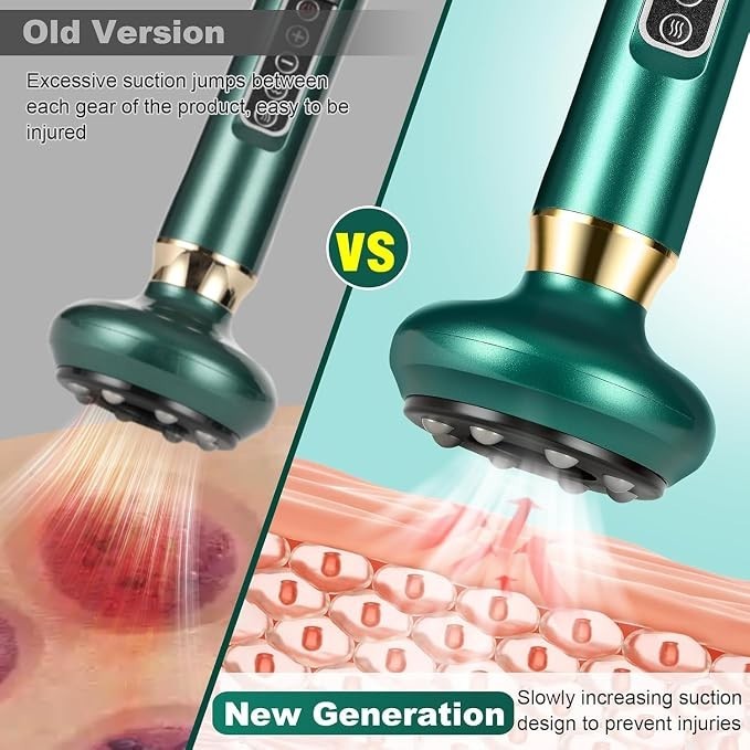 Comparison graphic showing an old version of the electric cupping machine on the left, featuring a tapered handle and older suction design, alongside the new generation model on the right with a rounded base and improved ergonomic features, highlighted by visible suction effects and skin texture beneath.