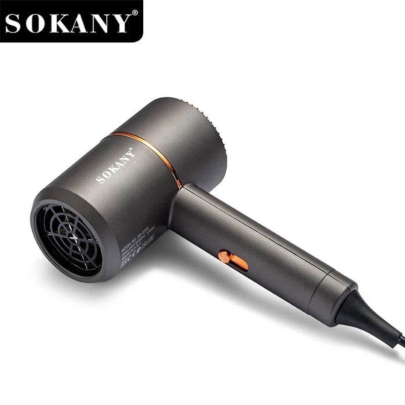 A sleek black hair dryer with an orange accent, featuring a rounded nozzle and a textured handle. The control button is located on the side, making it easy to adjust settings during use.