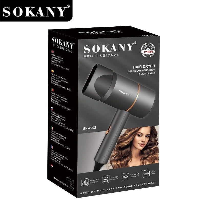 The product packaging features a sleek design with a black and gold color scheme, displaying the SOKANY brand logo prominently at the top. The side view of the hair dryer is illustrated, highlighting its concentrator nozzle and controls, alongside an image of a model with wavy hair.