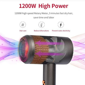 The hair dryer features a sleek black design with a concentrator nozzle, showcasing colorful airflow graphics indicating functionality related to hair care, bifurcation reduction, and static electricity prevention. Text highlights the 1200W high power and quick drying capabilities.