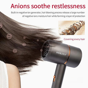 The SOKANY SK-2202 Hair Dryer features a sleek black design with an orange accent, highlighting the concentrator nozzle and air intake. Surrounding the dryer, hair gently blows out, emphasizing the negative ion technology that helps smooth and moisturize hair.