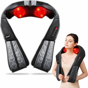 The neck and shoulder massager features a sleek black exterior with quilted gray accents, designed to sit comfortably around the shoulders. It includes heated massage nodes that illuminate red, and a control panel for easy operation.