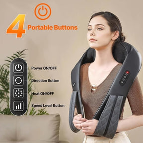 A woman is sitting comfortably while wearing a neck and shoulder massager, which features four portable buttons for power, direction, heat, and speed level adjustments. The product is designed in black with a quilted texture, showcasing its ergonomic shape for relaxation.