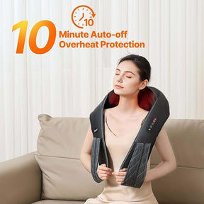 A woman is relaxing on a couch while wearing a black neck shoulder massager, which features a soft, quilted texture and red interior. The product demonstrates a digital display indicating a 10-minute auto-off function for overheat protection.