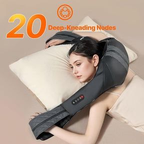 A woman relaxes with the neck shoulder massager draped over her shoulders while resting her head on a pillow, showing the massager's black fabric and control panel.