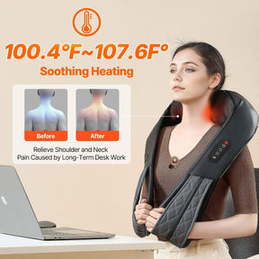 A woman is relaxing while using a black rechargeable neck and shoulder massager, displaying a control panel with buttons. Above her, a graphic illustrates soothing heating levels, showing a "before" and "after" comparison of shoulder discomfort related to desk work.