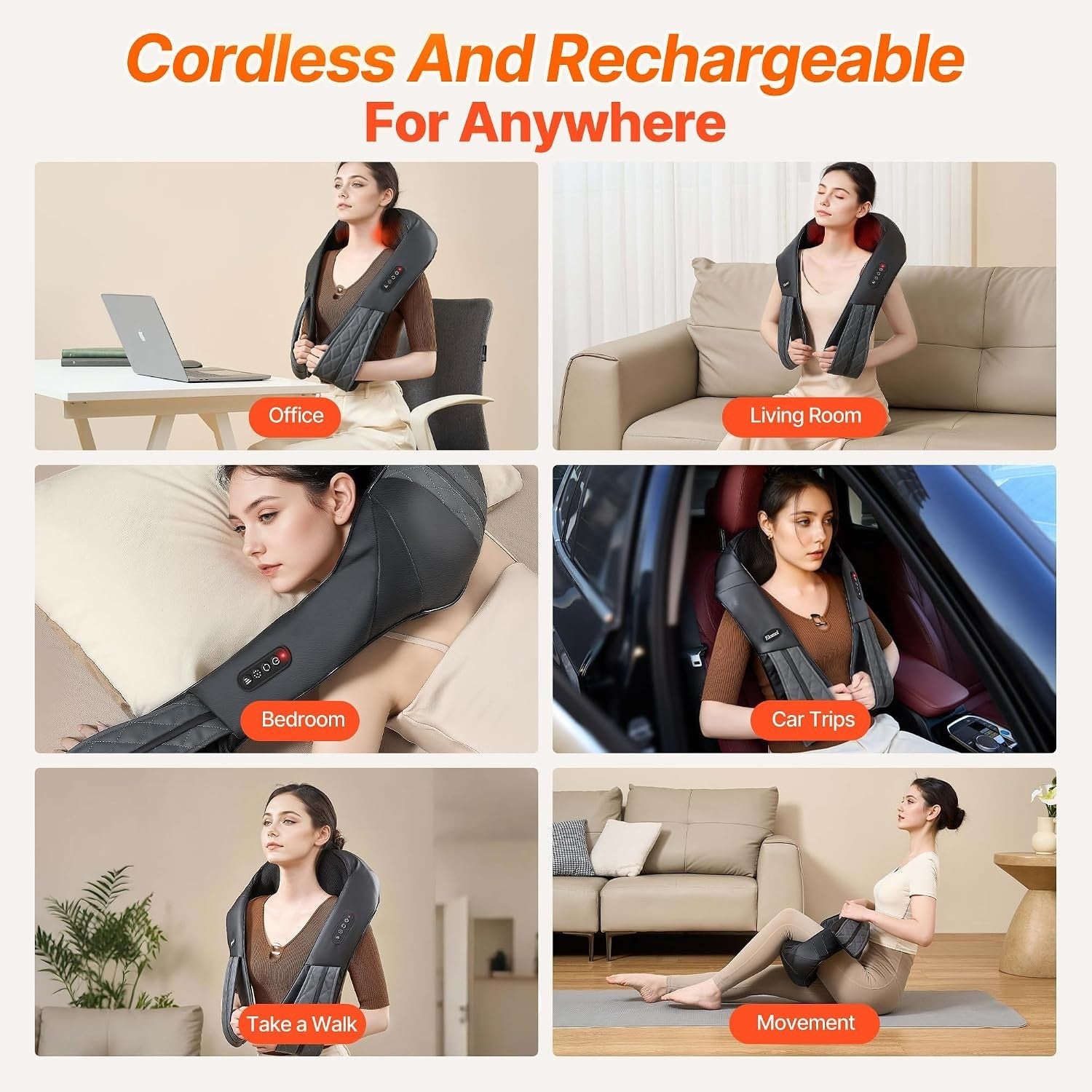 Lifestyle shots showing the neck shoulder massager being used in various settings: a woman working at a desk in an office, relaxing on a couch in a living room, lying on a bed in a bedroom, seated in a car during a trip, walking with it around her neck, and sitting on the floor in a movement-friendly position.