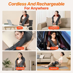 Lifestyle shots showing the neck shoulder massager being used in various settings: a woman working at a desk in an office, relaxing on a couch in a living room, lying on a bed in a bedroom, seated in a car during a trip, walking with it around her neck, and sitting on the floor in a movement-friendly position.