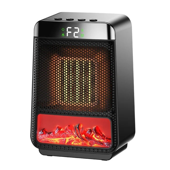 Compact black desktop heater with a mesh front showcasing dynamic flame light effects at the base, digital display showing temperature settings, and control buttons on top.