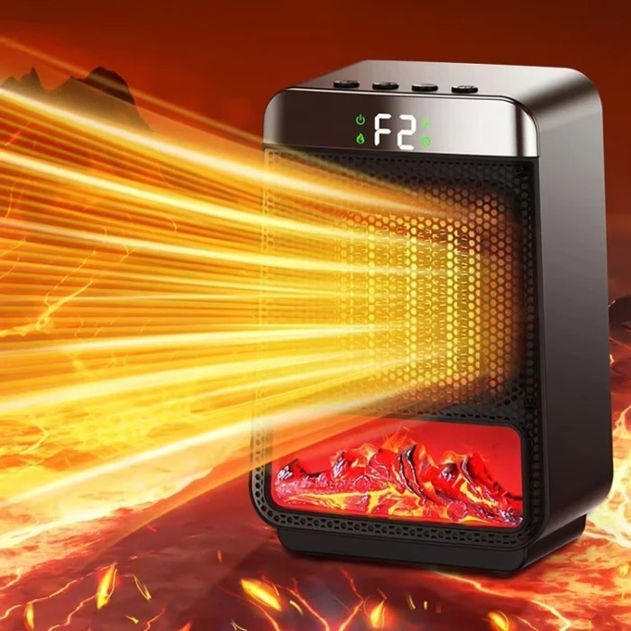The heater features a sleek black design with a mesh front, displaying dynamic flame light effects and bright heating elements, as well as a digital display showing the temperature setting. Light beams are illustrated coming from the front, emphasizing its heating capability.