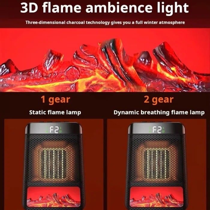 The image displays the iDiskk E03 Desktop PTC Heater with two modes of its flame ambiance light: "Static flame lamp" on the left and "Dynamic breathing flame lamp" on the right, showcasing the heater's heating elements and digital display. The background features a fiery, three-dimensional effect that enhances the winter atmosphere.