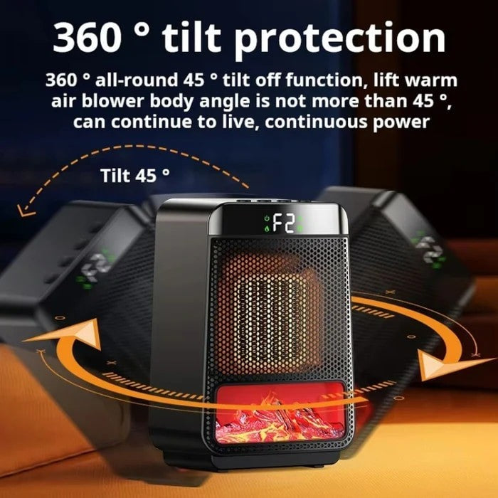 Graphic showing the iDiskk E03 Desktop PTC Heater with a visual representation of its 360° tilt protection feature, displaying an angled view of the heater, a digital temperature display labeled "F2," and arrows indicating the safe tilt range.