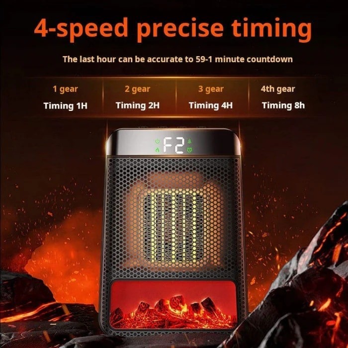 The heater features a digital display showing the fan speed and timer settings, with four timing options labeled from 1 to 8 hours, positioned above a glowing ember effect. The overall design includes a perforated metal front and an orange accent beneath the display.