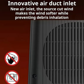 Close-up of the heater's innovative air duct inlet, featuring a grille design that allows soft airflow while preventing debris inhalation, accompanied by caution symbols against touching and debris.