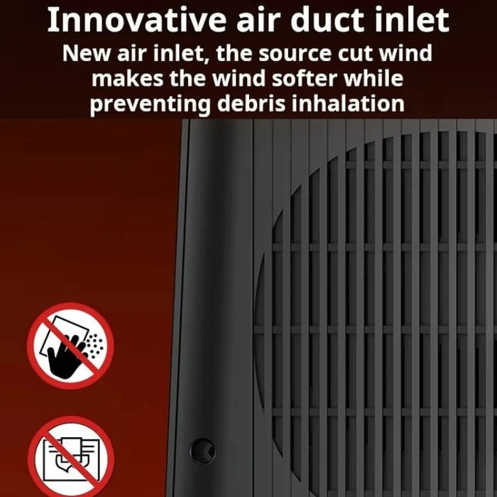 Close-up of the heater's innovative air duct inlet, featuring a grille design that allows soft airflow while preventing debris inhalation, accompanied by caution symbols against touching and debris.