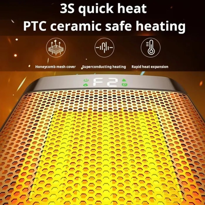 Close-up of the iDiskk E03 heater showing its honeycomb mesh cover and digital display with indicators for quick heat, superconducting heating, and rapid heat expansion, illuminated in warm orange tones.