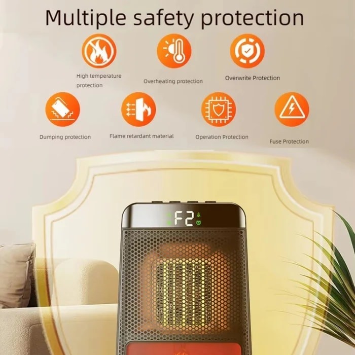Safety features of the iDiskk E03 Desktop PTC Heater are highlighted, including icons for high temperature protection, overheating protection, and flame retardant material, along with the display showing the setting "F2".