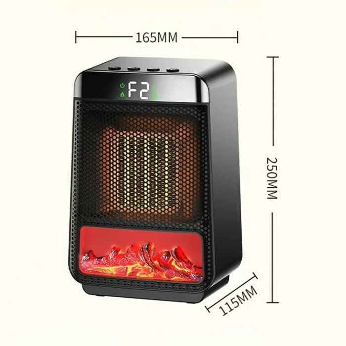 The black desktop PTC heater features a mesh front for airflow and a glowing 3D flame effect at the bottom, with control buttons and a display panel on top. Size dimensions are indicated on the image.