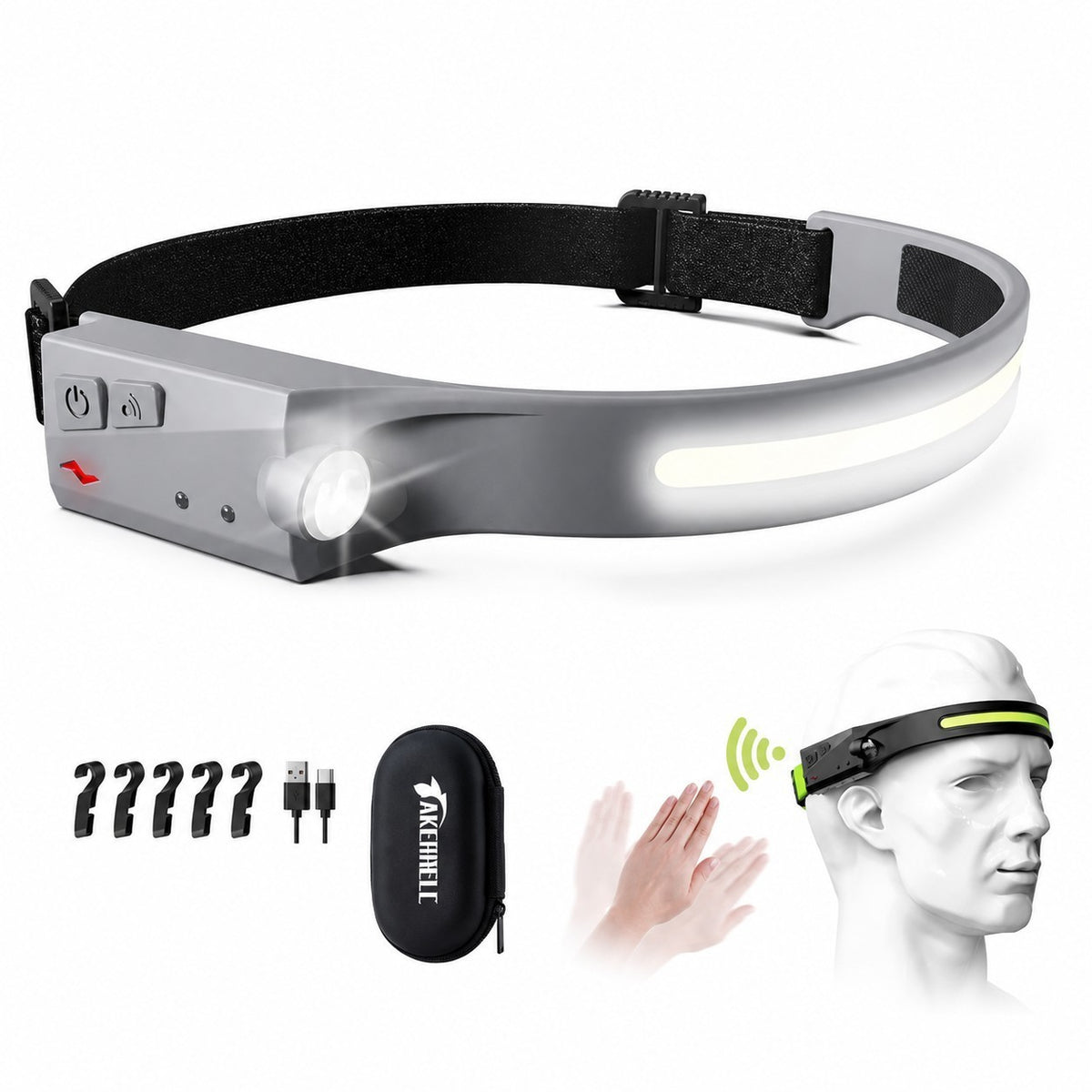 Rechargeable LED headlamp featuring a sleek gray design with an adjustable black strap, a front light beam, and an integrated touch control feature. Includes accessories like USB charging cable and clips, displayed with a case and shown on a mannequin's head for perspective.
