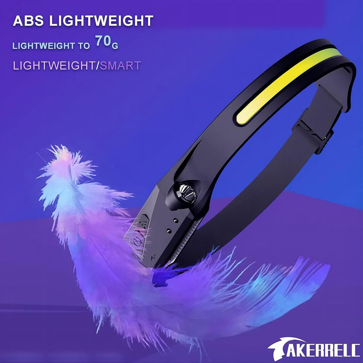 Black ABS headlamp with a flexible strap, featuring a control knob and coated with a lightweight design emphasizing its portability. Background displays colorful feathers, enhancing the visual appeal.
