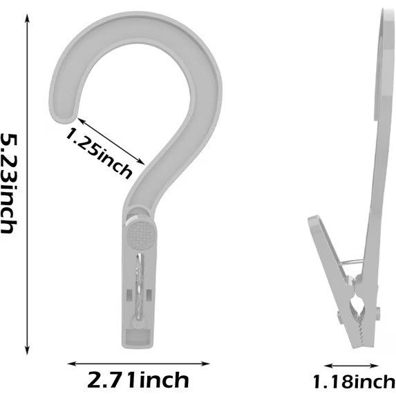 Dimensions are shown for a plastic laundry hook clip, featuring a hook shape measuring 5.23 inches in length, a width of 2.71 inches, and a clip portion that is 1.18 inches wide. The clip has a textured grip area for secure fastening.