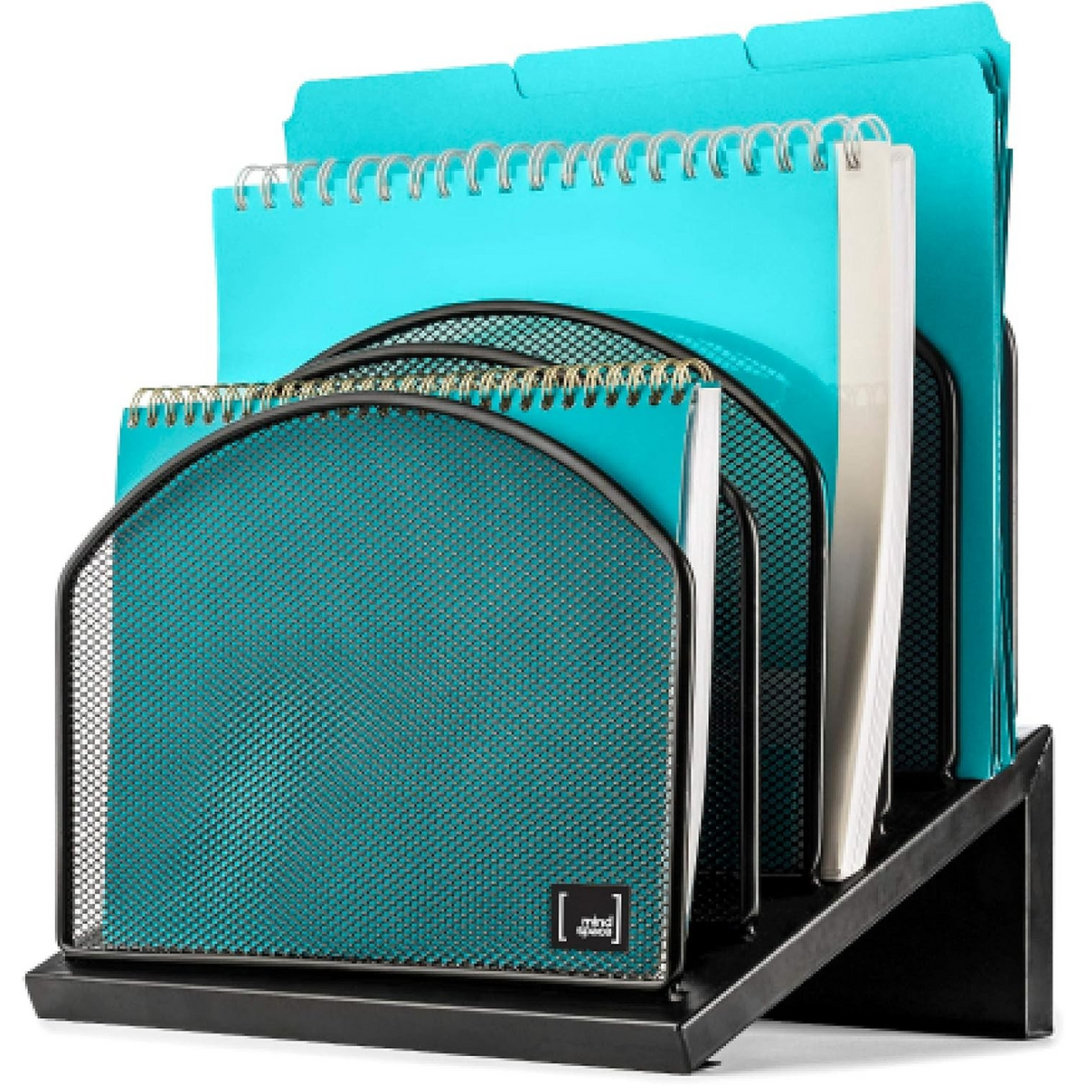 The desk organizer features a sleek black base with five inclined compartments, displaying assorted turquoise folders and spiral-bound notebooks for easy visibility and access.